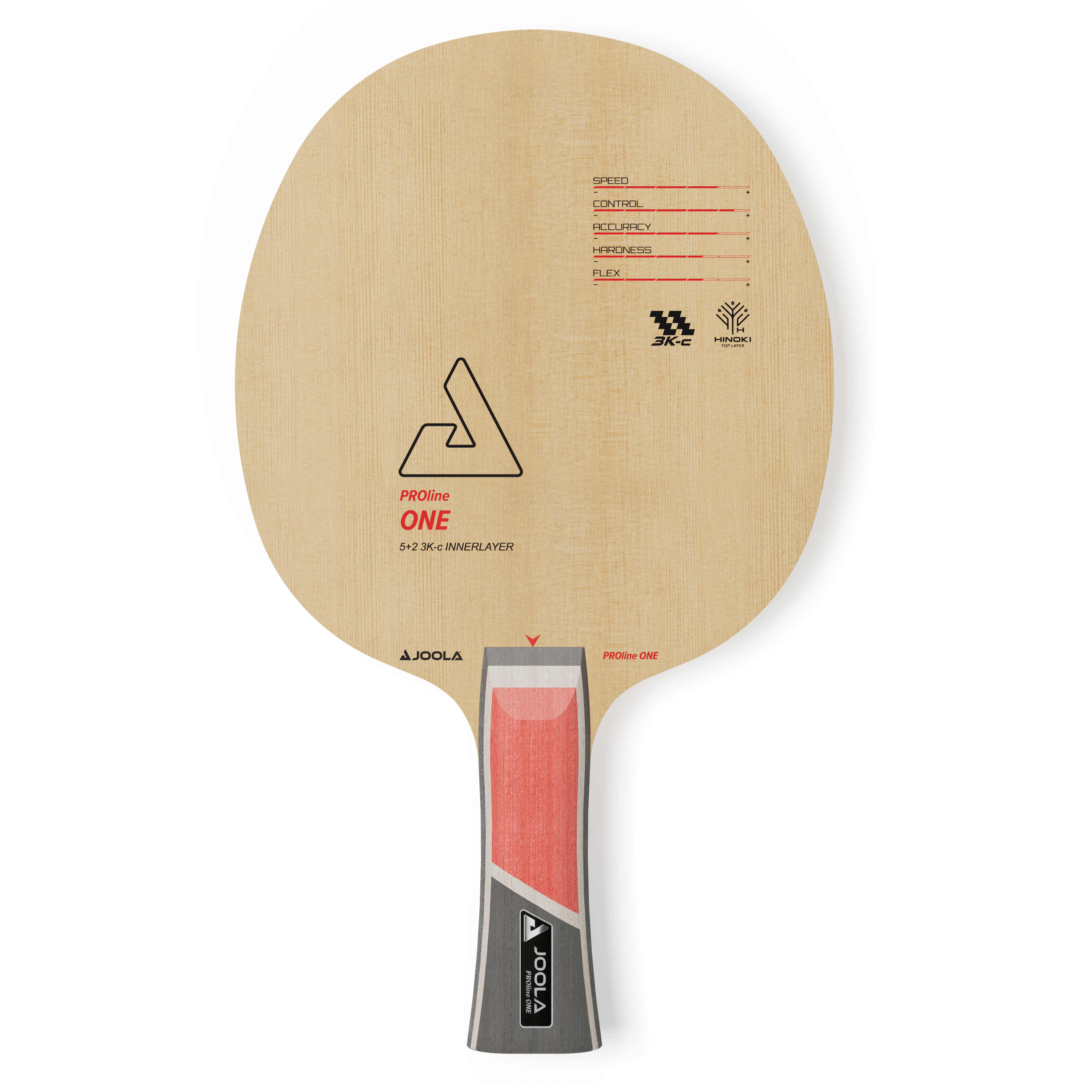 JOOLA Table tennis blade with wooden blade and red and black handle on a white background.