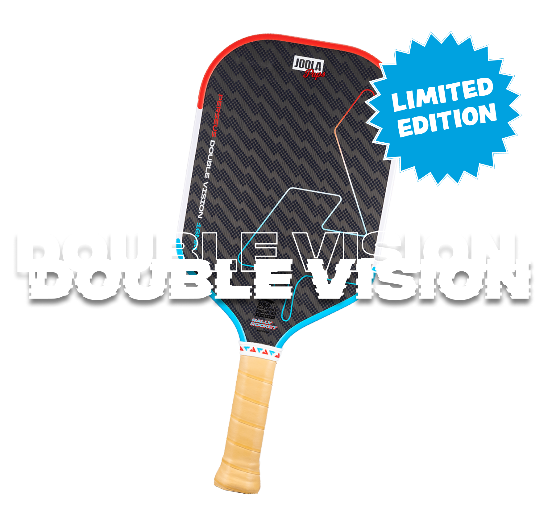 JOOLA Rally Rocket Pickleball paddle with 'Perseus Double Vision' branding and 'Limited Edition' label on a white background