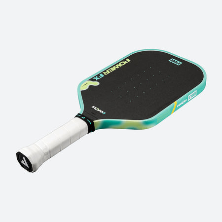 White background, product image of the JOOLA Perseus POWER FX pickleball paddle in the Daydream colorway, green and yellow.