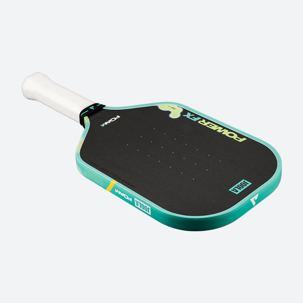 White background, product image of the JOOLA Perseus POWER FX pickleball paddle in the Daydream colorway, green and yellow.