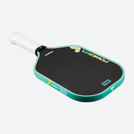 White background, product image of the JOOLA Perseus POWER FX pickleball paddle in the Daydream colorway, green and yellow.