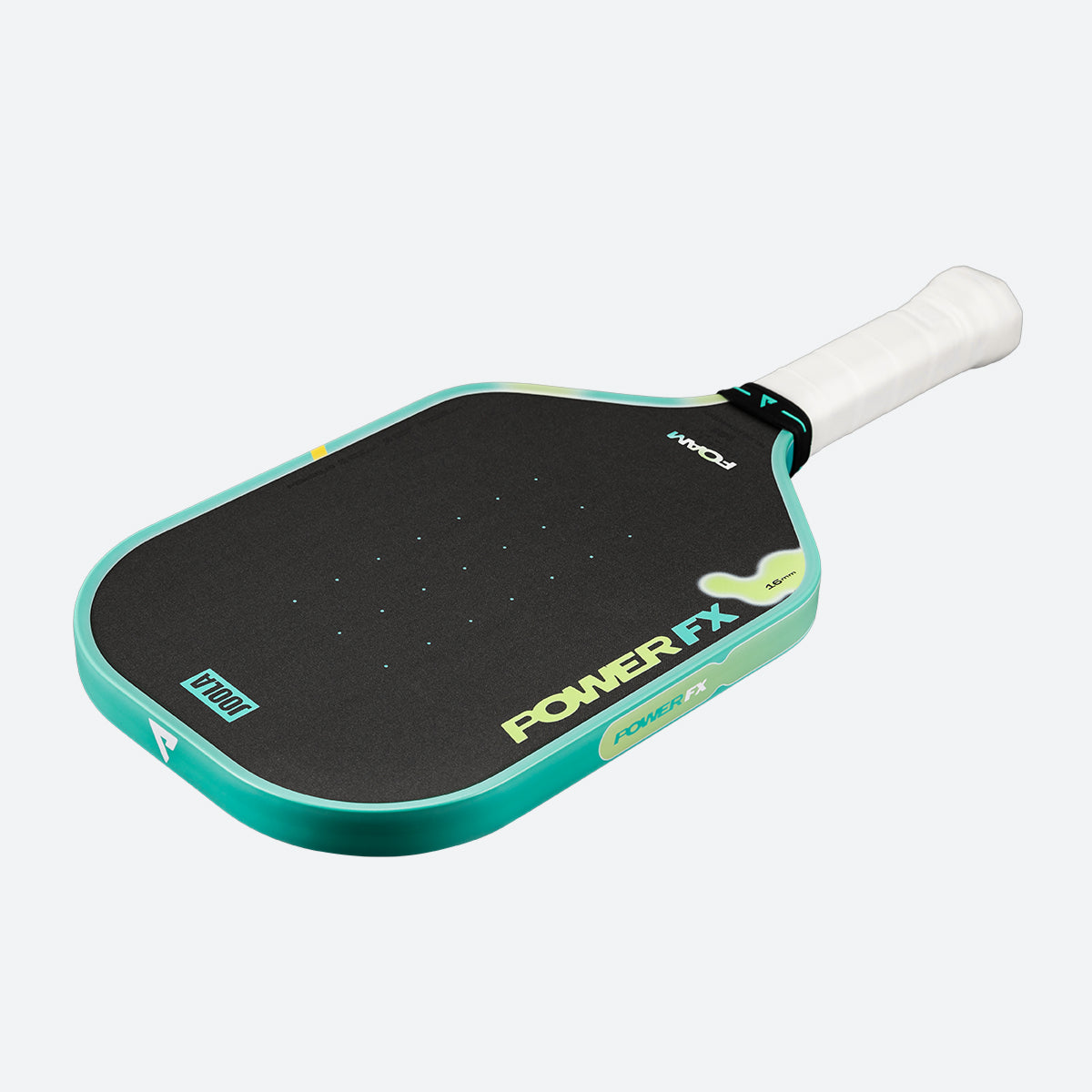 White background, product image of the JOOLA Perseus POWER FX pickleball paddle in the Daydream colorway, green and yellow.