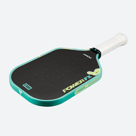 White background, product image of the JOOLA Perseus POWER FX pickleball paddle in the Daydream colorway, green and yellow.