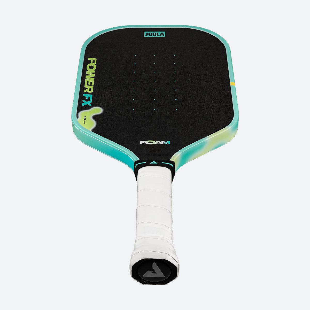White background, product image of the JOOLA Perseus POWER FX pickleball paddle in the Daydream colorway, green and yellow.