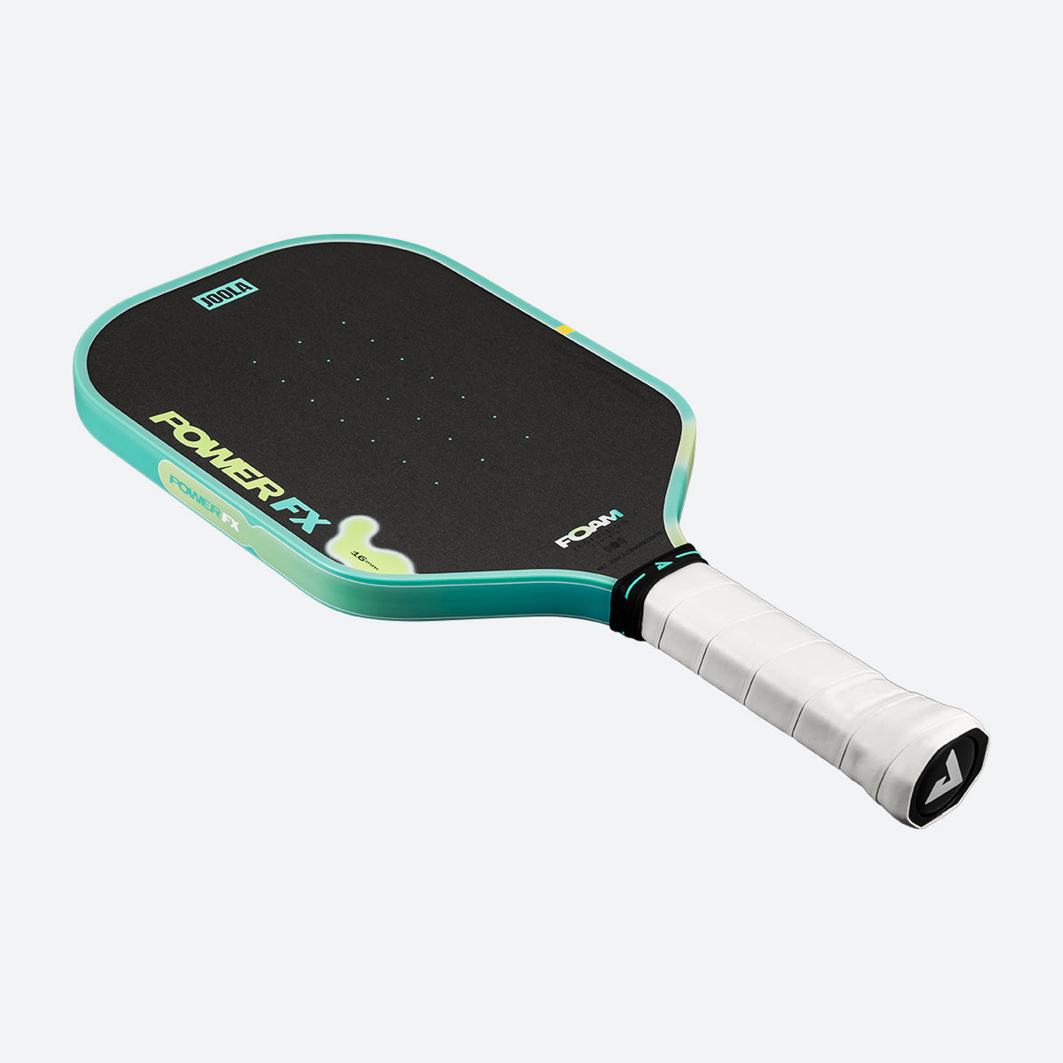 White background, product image of a JOOLA Perseus Power FX Pickleball Paddle, green and yellow edge guard and white paddle handle.