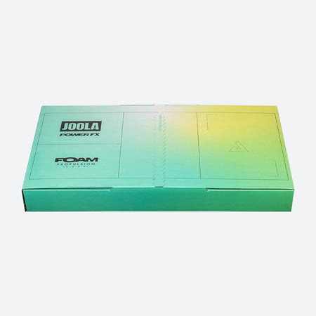 White background, product image showing the JOOLA Perseus POWER FX packaging, green and yellow packaging.