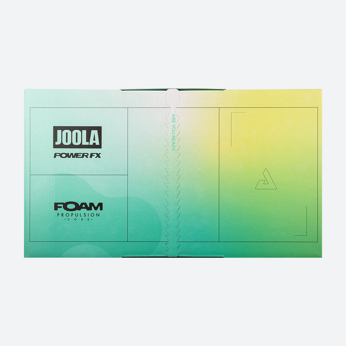 White background, product image showing the JOOLA Perseus POWER FX packaging, green and yellow packaging.