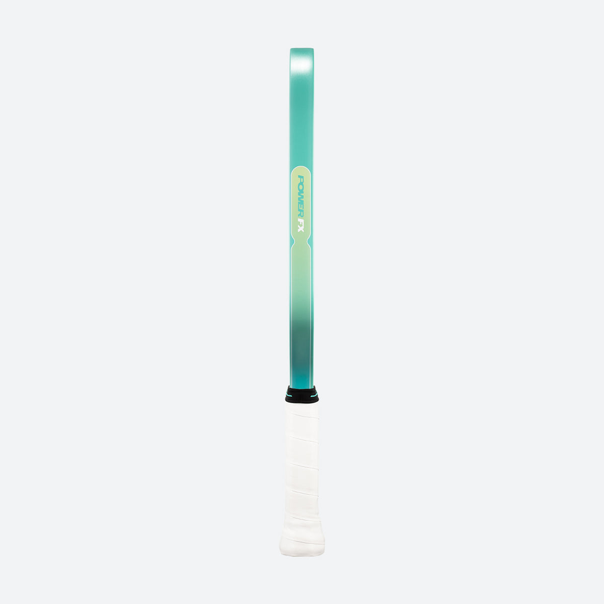 White background, product image showing the side of a JOOLA Perseus POWER FX pickleabll paddle, image shoes the colorful edge guard and white handle.
