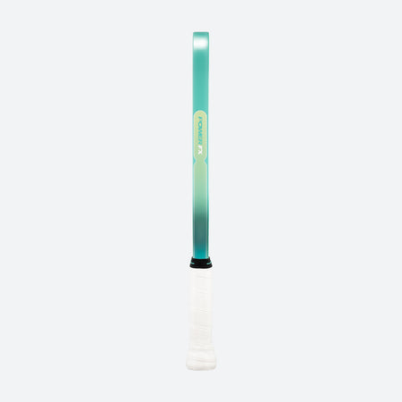 White background, product image showing the side of a JOOLA Perseus POWER FX pickleabll paddle, image shoes the colorful edge guard and white handle.