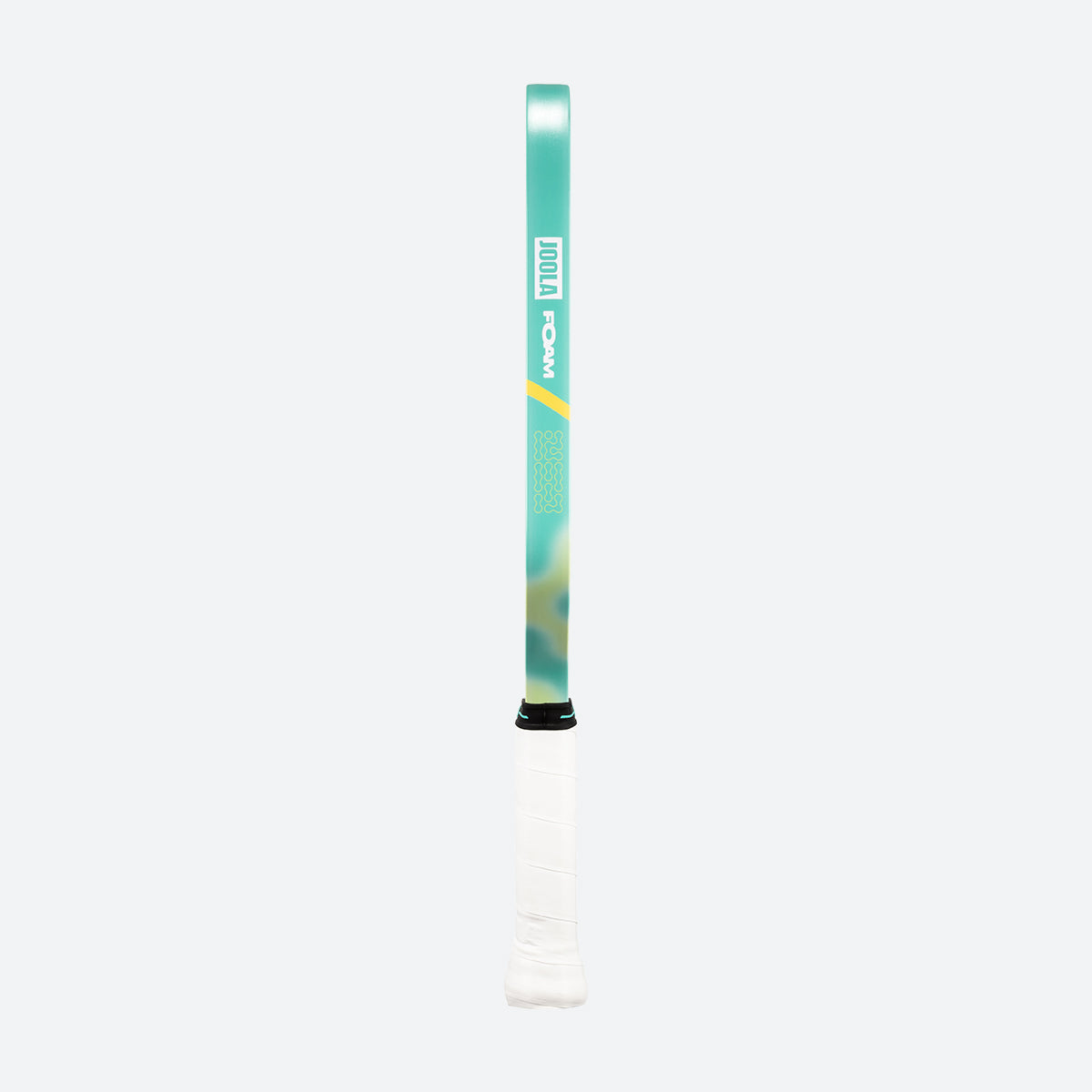 White background, product iamge showing the side of a JOOLA Perseus POWER FX pickleball paddle, with colorful edge guard and white paddle handle.