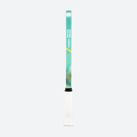 White background, product iamge showing the side of a JOOLA Perseus POWER FX pickleball paddle, with colorful edge guard and white paddle handle.