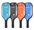White background, angled product image of four JOOLA Trainer pickleball paddles. Blue, Orange, Teal and Black.