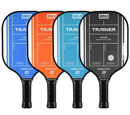 White background, product image of four JOOLA Trainer pickleball paddles. Blue, Orange, Teal and Black.