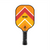 A Joola St2C pickleball paddle with a vibrant orange, yellow, and red chevron pattern on the paddle face, featuring a black handle grip.