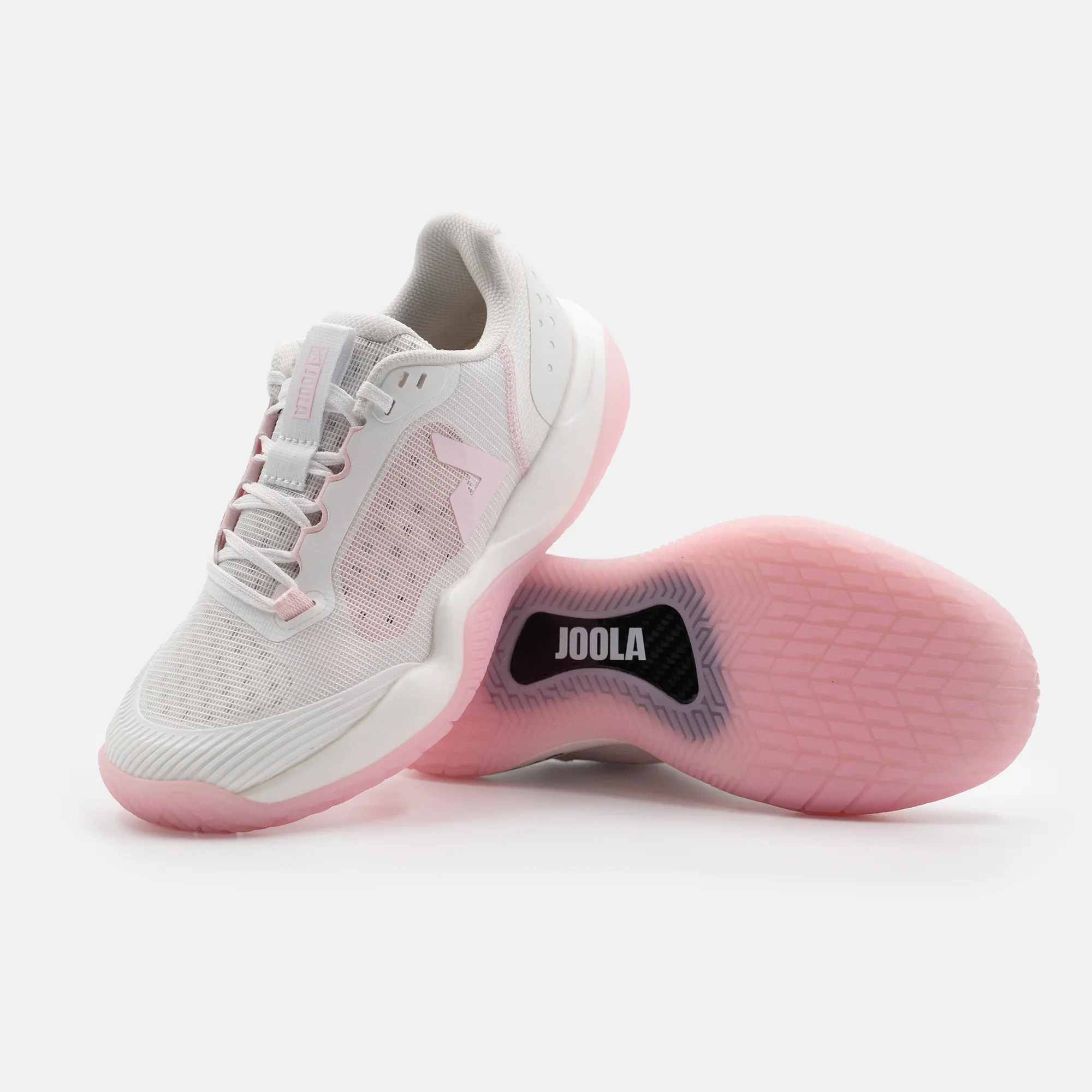 White background photo, image of a pair of JOOLA Women's R4LLy pickleball shoes, pink and white colorway.