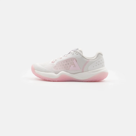 White background, product image of the Left shoe on a JOOLA Women's R4LLy pickleball shoe, pink and white.