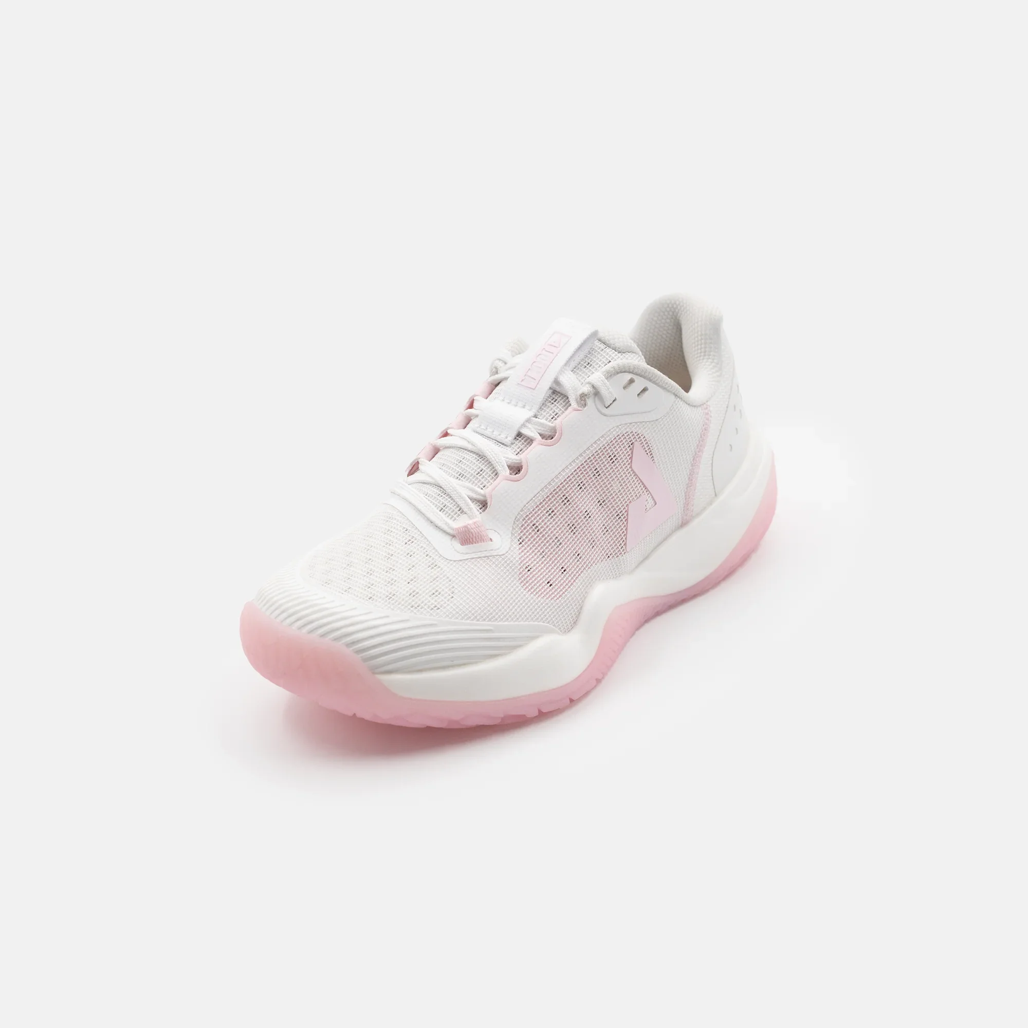 White background, slightly angled view of a pair of JOOLA Women's R4LLy pickleball shoes, pink and white colorway.
