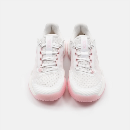 White background, aerial view of a pair of women's JOOLA R4LLy pickleball shoes, white and pink colorway.