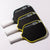 White background, product image of the three size variations on the JOOLA Scorpeus Pro V pickleball paddle, two paddles with yellow edge guard and one with a green edge guard.