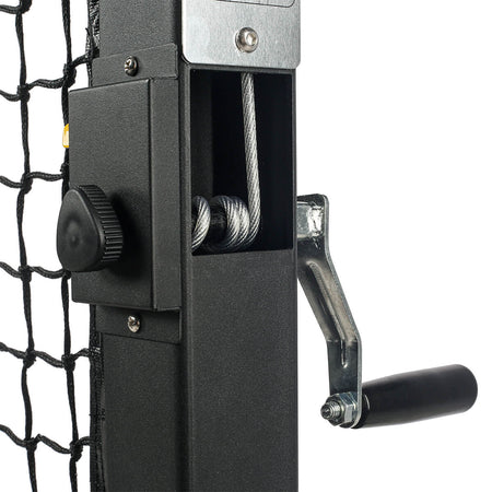 White Background Image: JOOLA Pro Pickleball Net S closeup of hand crank with steel cable stabilizing system.