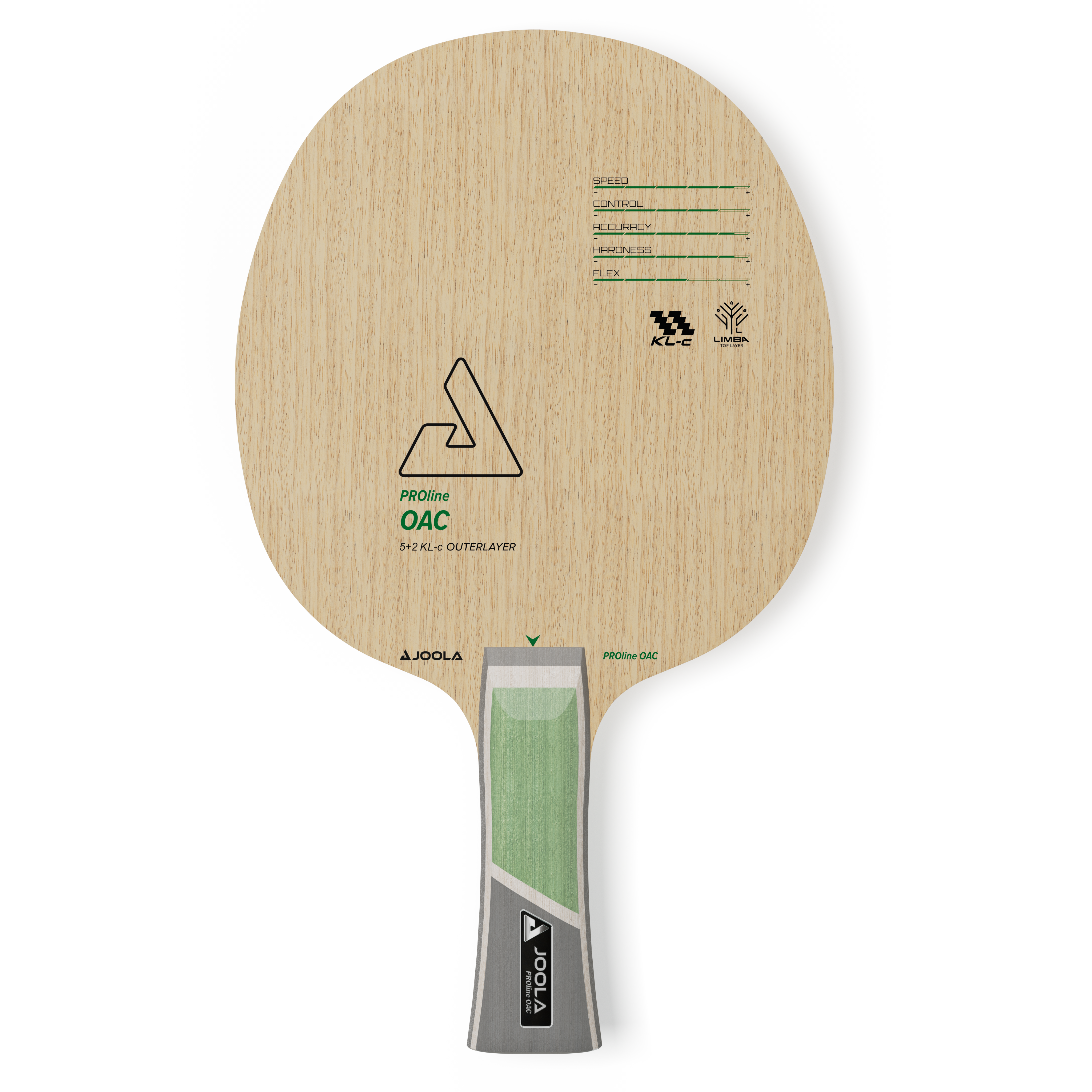 JOOLA Pro Line OAC Table tennis racket with wooden design and green handle on a white background.