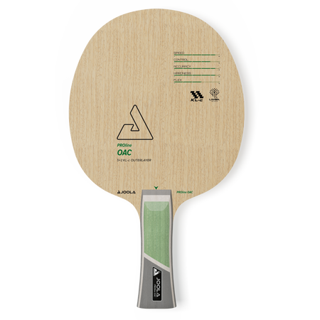 JOOLA Pro Line OAC Table tennis racket with wooden design and green handle on a white background.