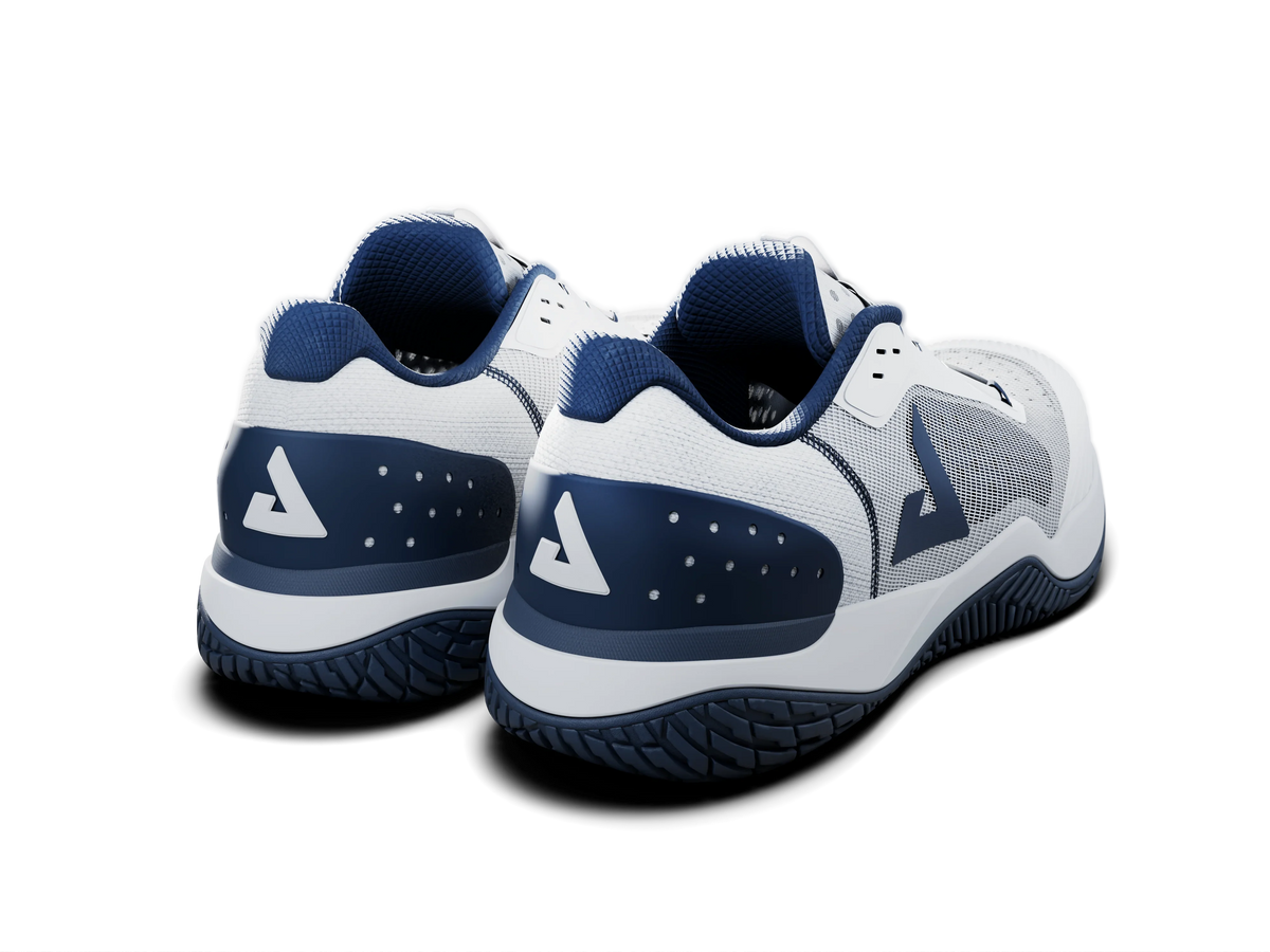 Image showing and angled view of a pair of JOOLA Men's R4LLy pickleball shoes, navy blue and white.