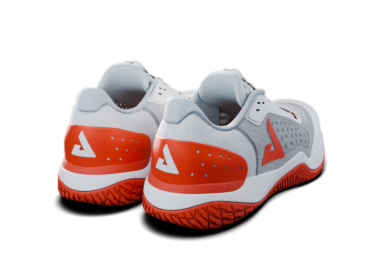 Image showing the back of a pair of Women's R4LLy pickleball shoes, red and white.
