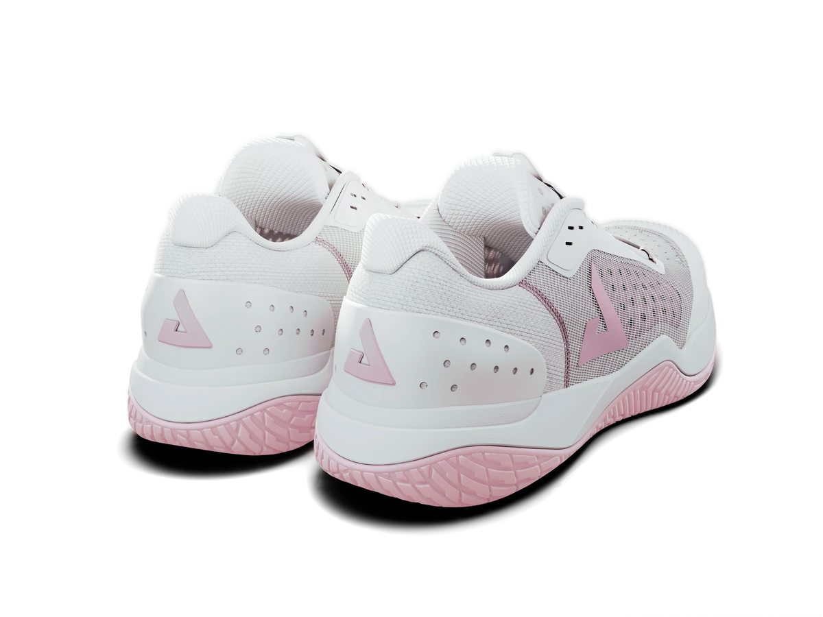 Product image showing the back of a pair of JOOLA Women's R4LLy pickleball shoes, pink and white colorway.