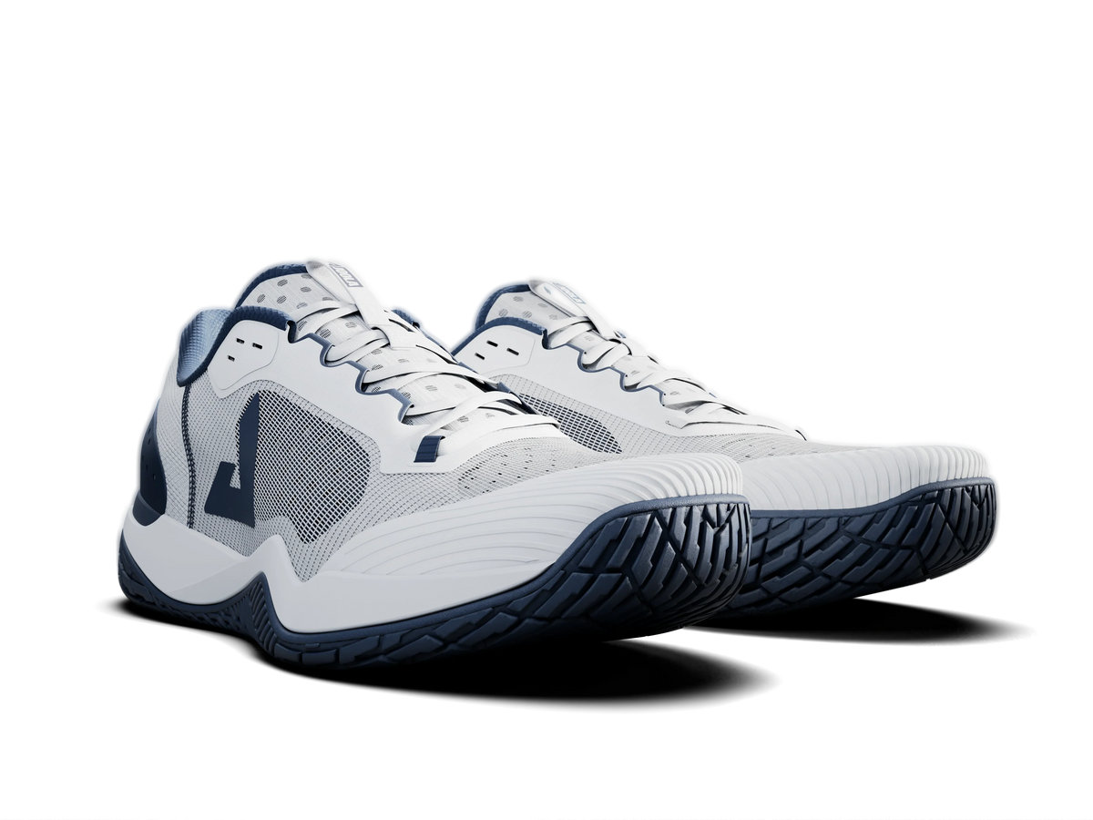 White background, product image of a pair JOOLA Men's R4LLy pickleball shoes, navy blue and white. 