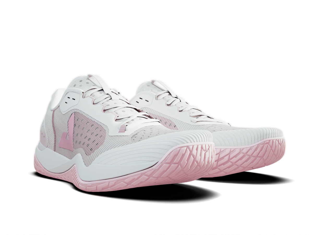 White background, product image showing a pair of JOOLA Women's R4LLy pickleball shoes, white and pink.
