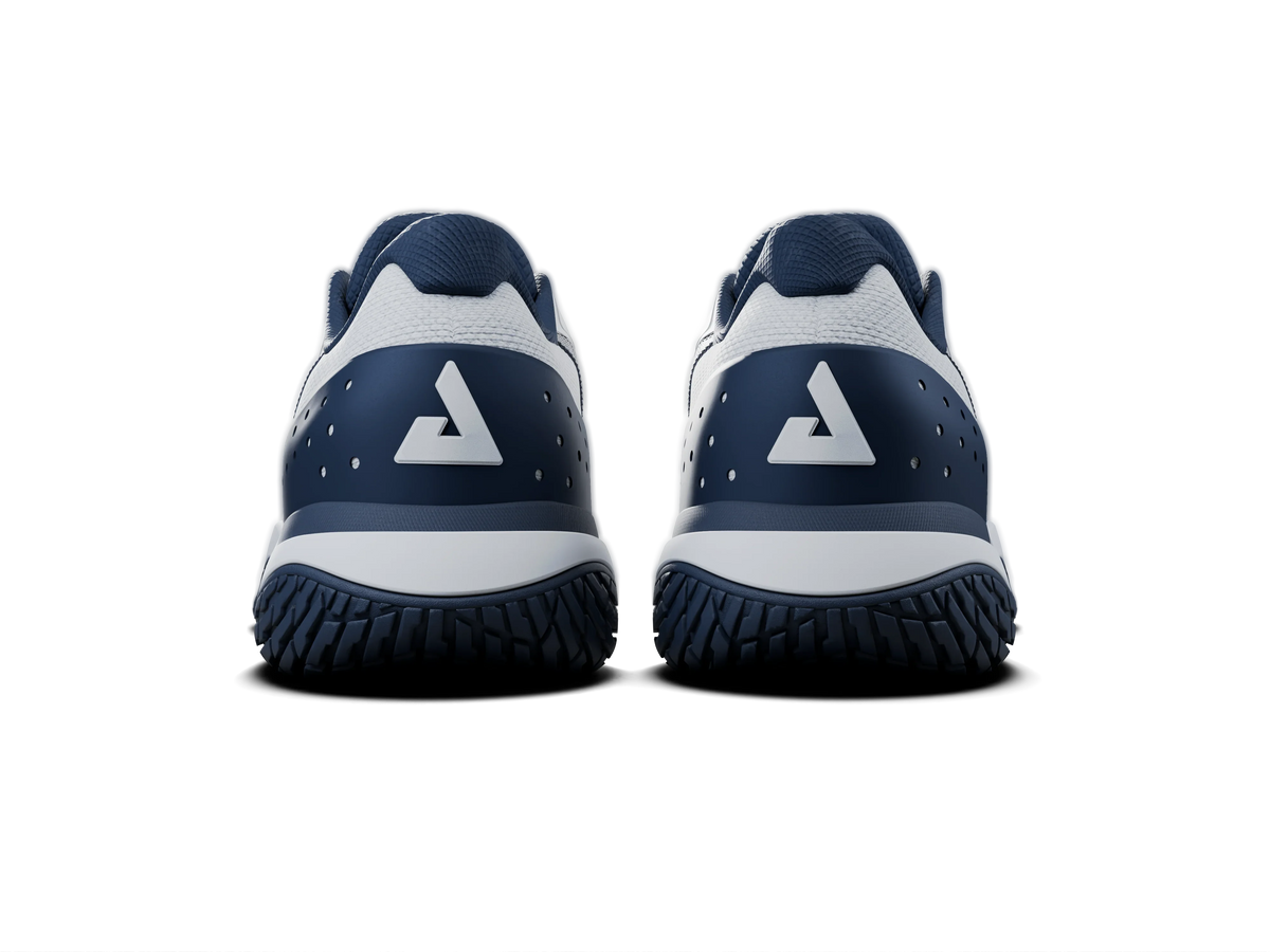 White background, image showing the back of a pair of JOOLA Men's R4LLy pickleball shoes, navy blue and white.