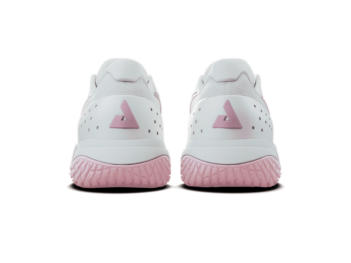 Product image showing the back of a pair of JOOLA Women's R4LLy pickleball shoes, pink and white.