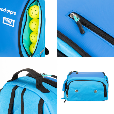 Blue JOOLA Vision II backpack with JOOLA pickleballs and racket pro branding, shown from multiple angles.