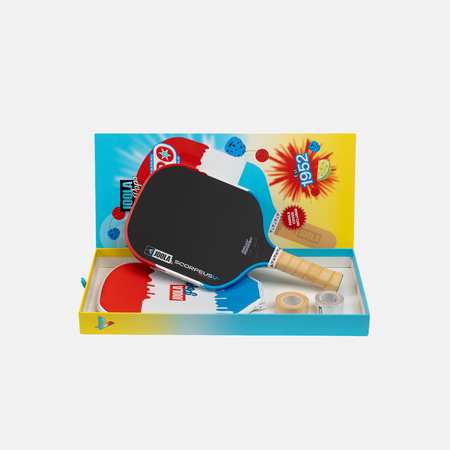White background, product image of the JOOLA Scorpeus Rally Rocket pickleball paddle in it's premium packaging.