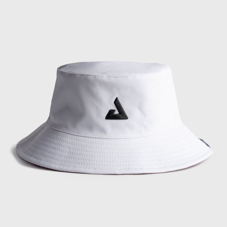 White bucket hat with a black JOOLA Trinity logo on a light gray background