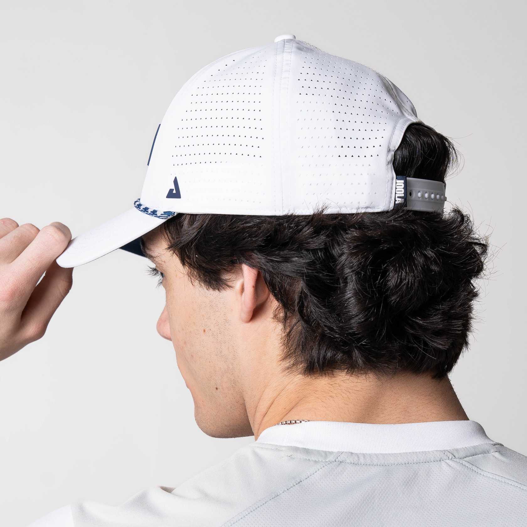 A view of the back of the JOOLA Rope Cap, blue and white.