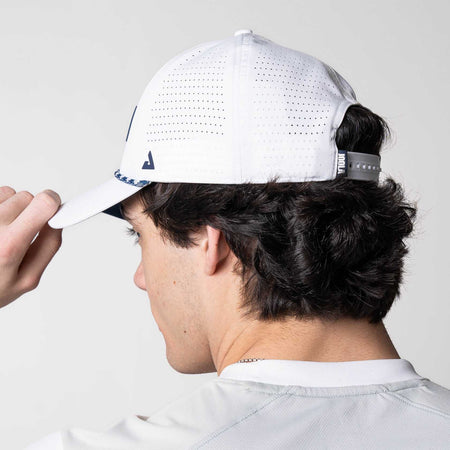 A view of the back of the JOOLA Rope Cap, blue and white.