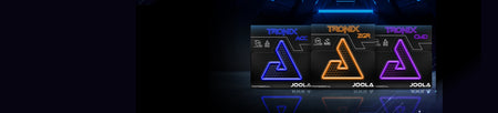 Horizontal banner image of the full line-up of JOOLA Tronix table tennis rubber.