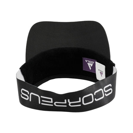 White Background Image: Upside down JOOLA Scorpeus Visors in Black with showing white Scorpeus logo across the back strap #Black