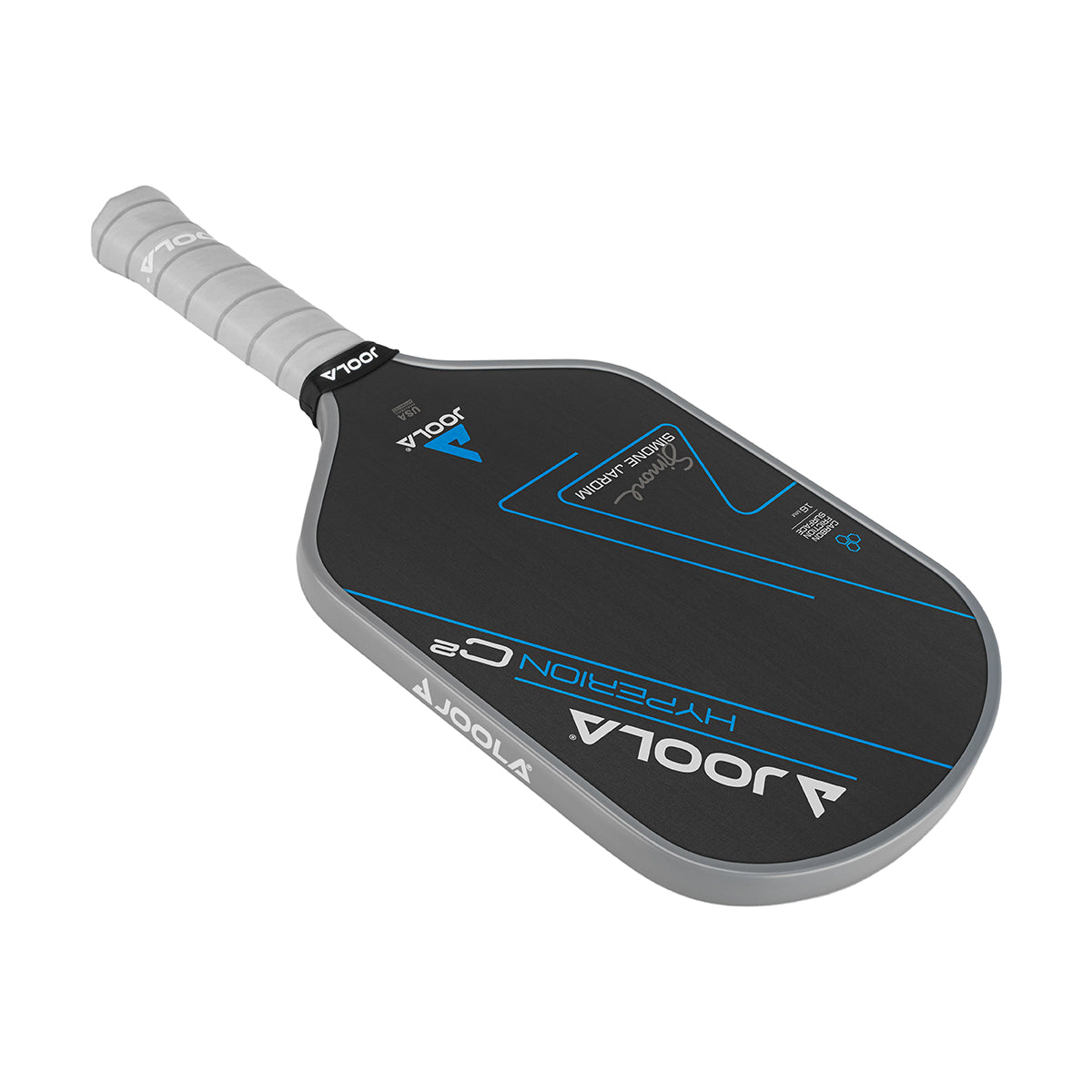 White Background Image: Simone Jardim Hyperion C2 Pickleball paddle. Black surface with blue lines and Simone Jardim's signature. Grey handle and grey edge guard with white JOOLA logo.