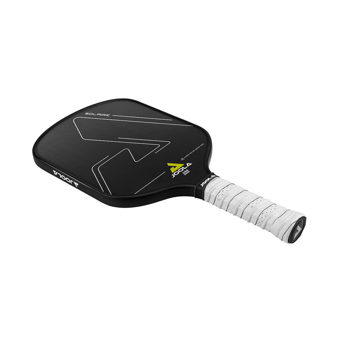 White Background Image: Angled view of the JOOLA Solaire CFS 14 mm Pickleball paddle. #Solaire