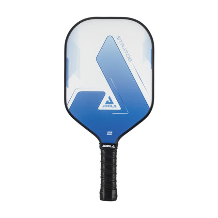 White background, product image showing the JOOLA Stratos Pickleabll Paddle with a blue and white paddle surface and a black handle.
