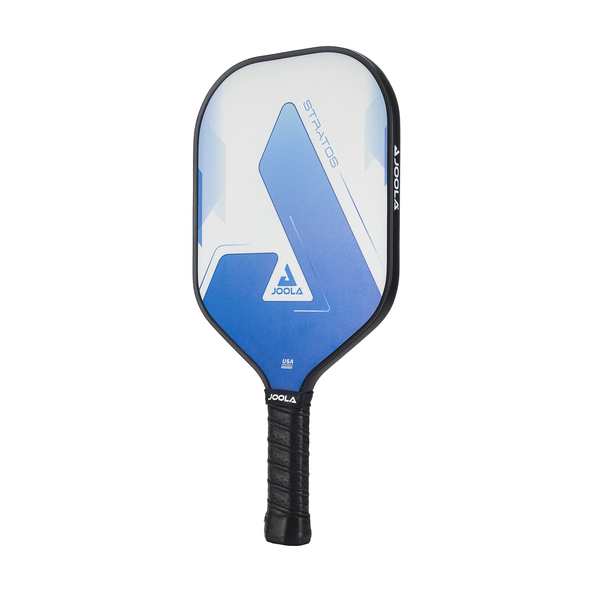 White background, product image showing the JOOLA Stratos Pickleabll Paddle with a blue and white paddle surface and a black handle.