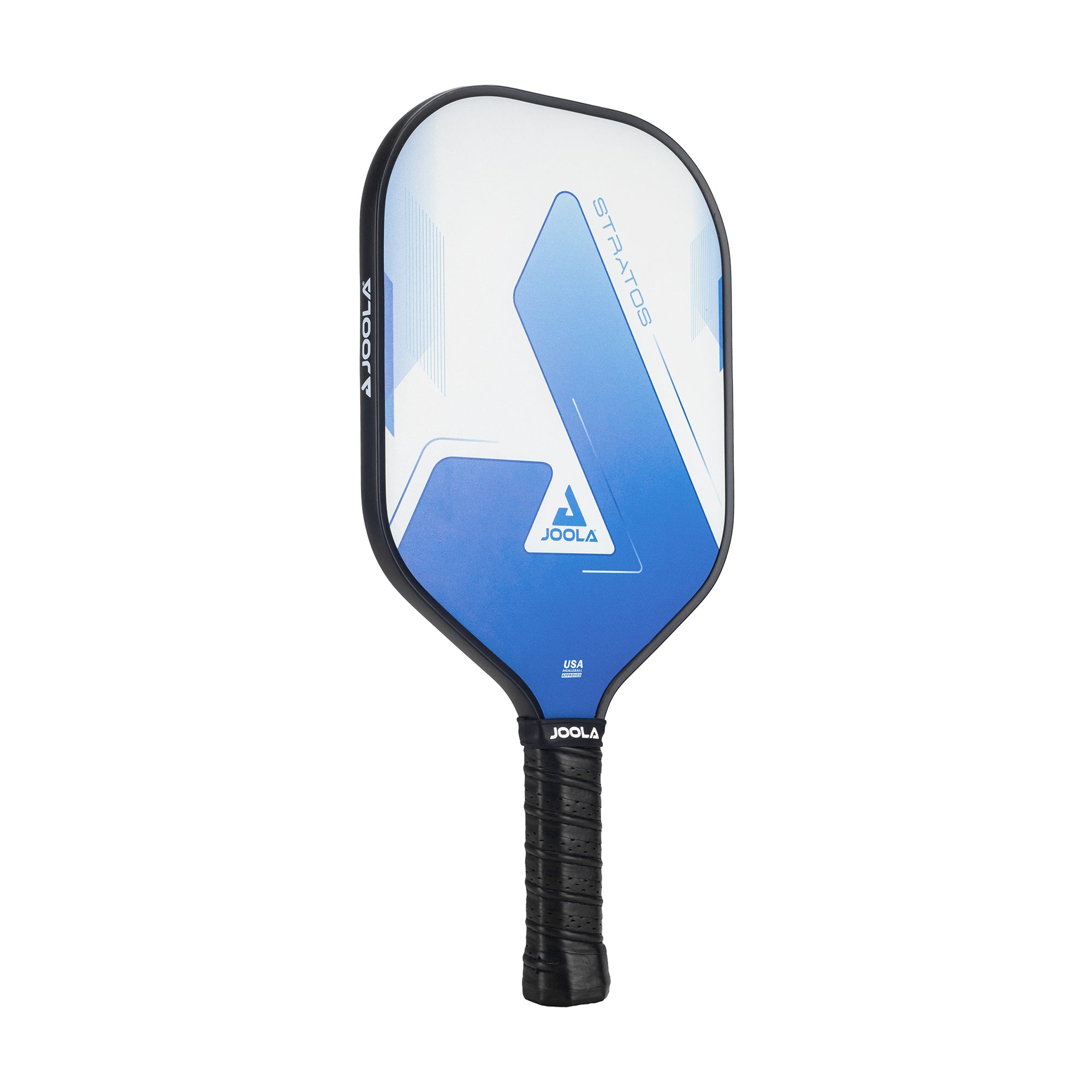 White background, product image showing the JOOLA Stratos Pickleabll Paddle with a blue and white paddle surface and a black handle.