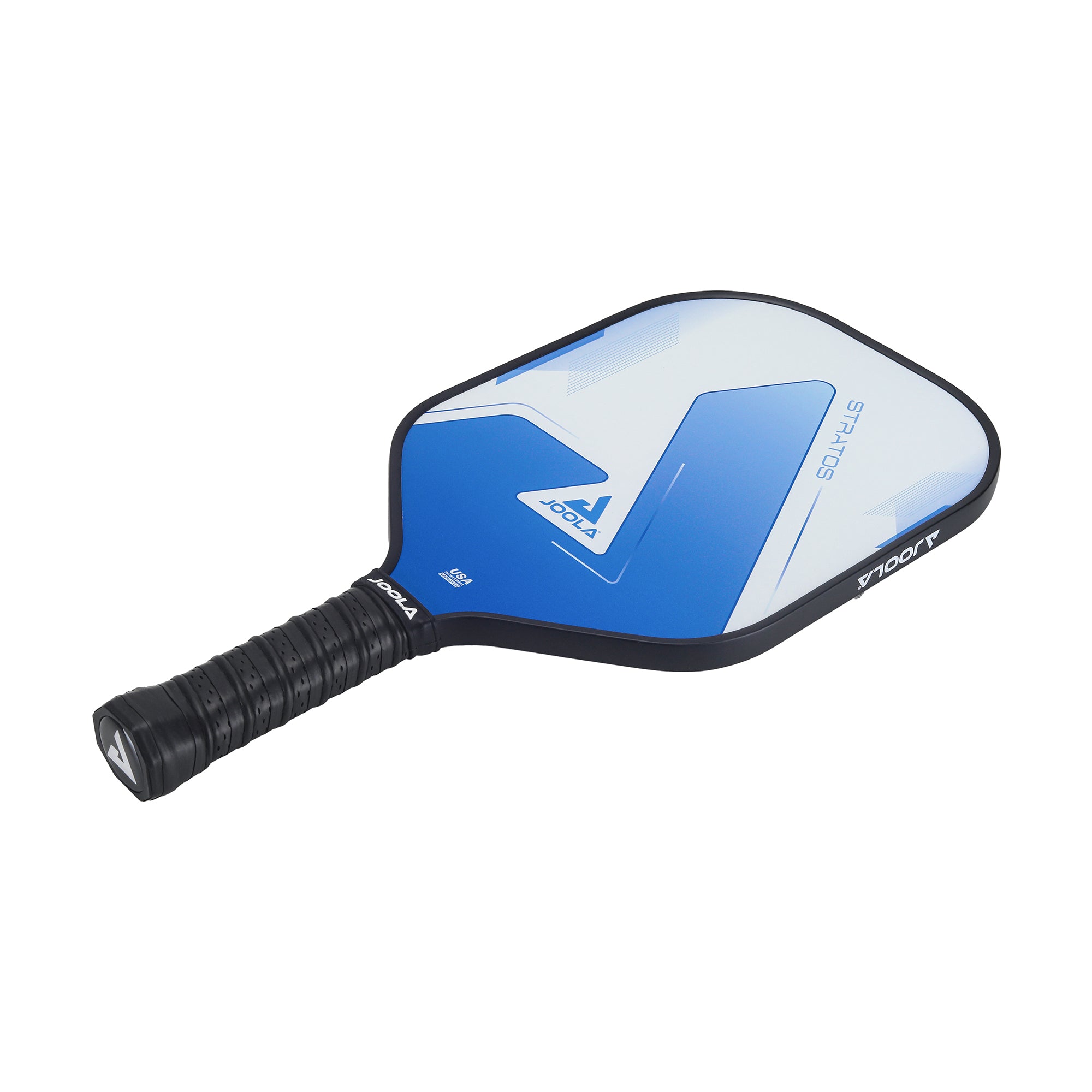 White background, product image showing the JOOLA Stratos Pickleabll Paddle with a blue and white paddle surface and a black handle.