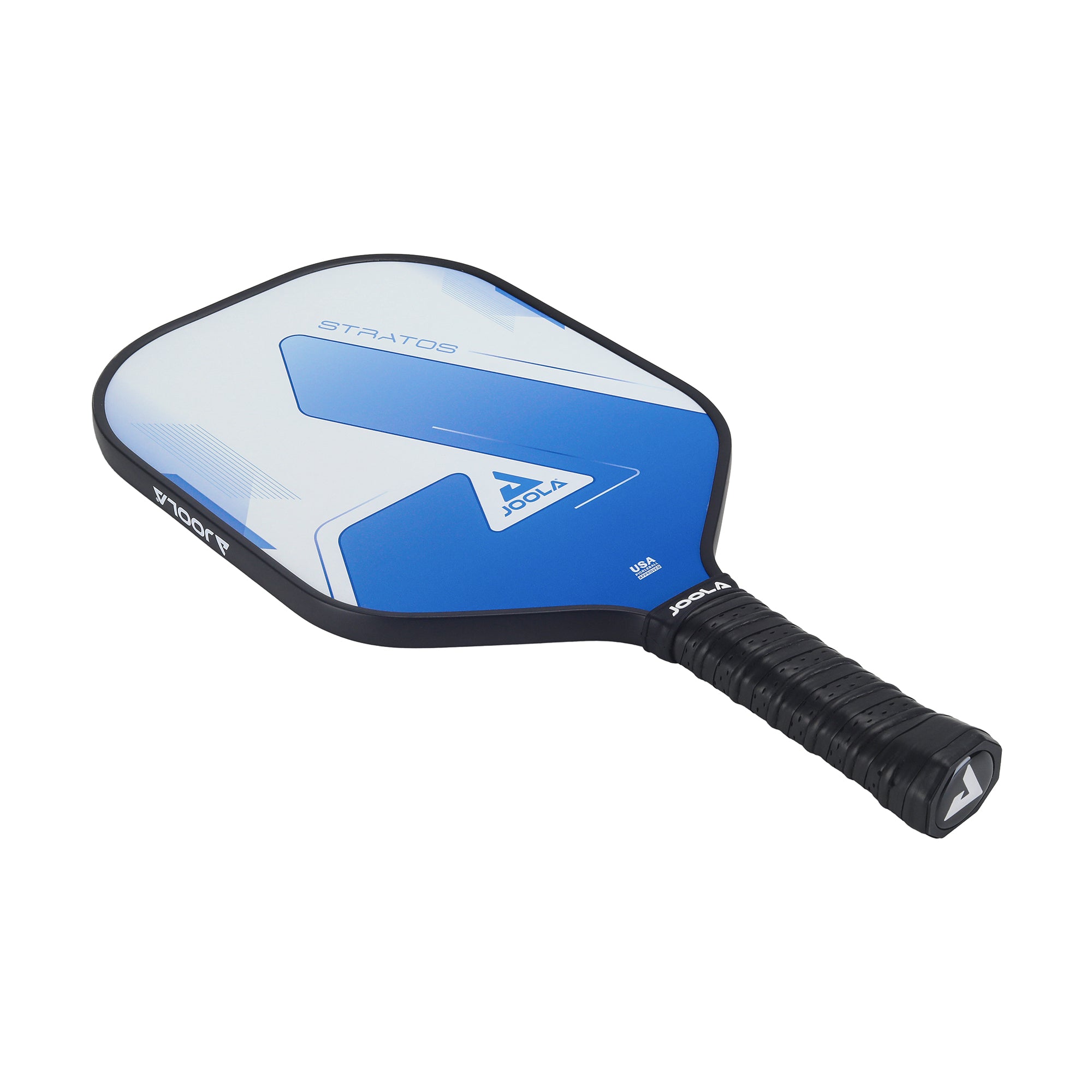 White background, product image showing the JOOLA Stratos Pickleabll Paddle with a blue and white paddle surface and a black handle.