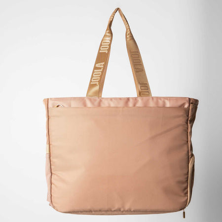 Gray background, image of the JOOLA Tote Bag, latte colored.