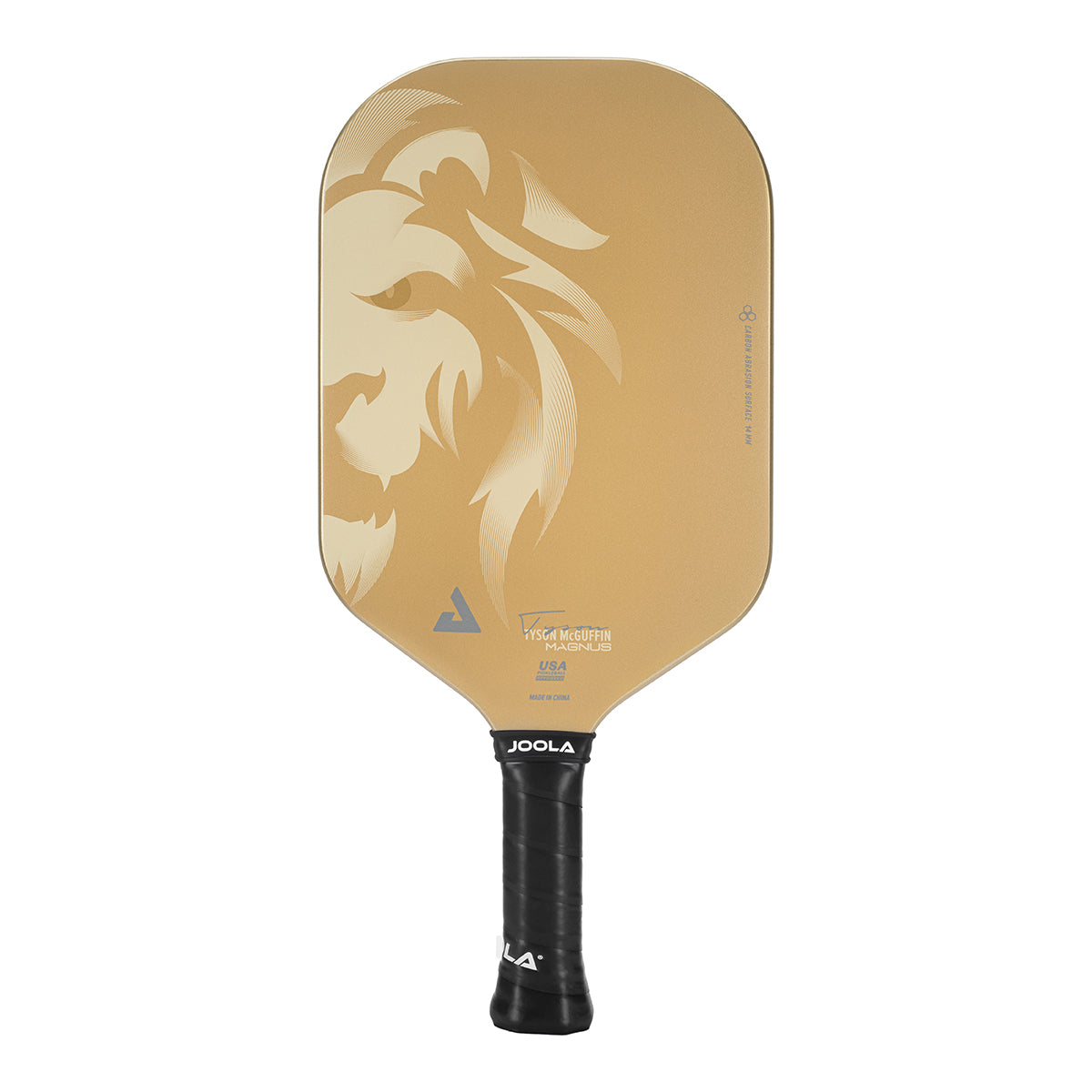 White background image of the JOOLA Magnus CAS 14mm Pickleball Paddle. Straight on view of the lion image on the paddle face. Gold and black.