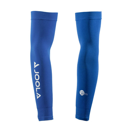 White Background Image: JOOLA UV Arm Sleeves UPF50+ in Royal Blue with white JOOLA logo on one sleeve and SParms on the other (Forearm view) #Royal Blue